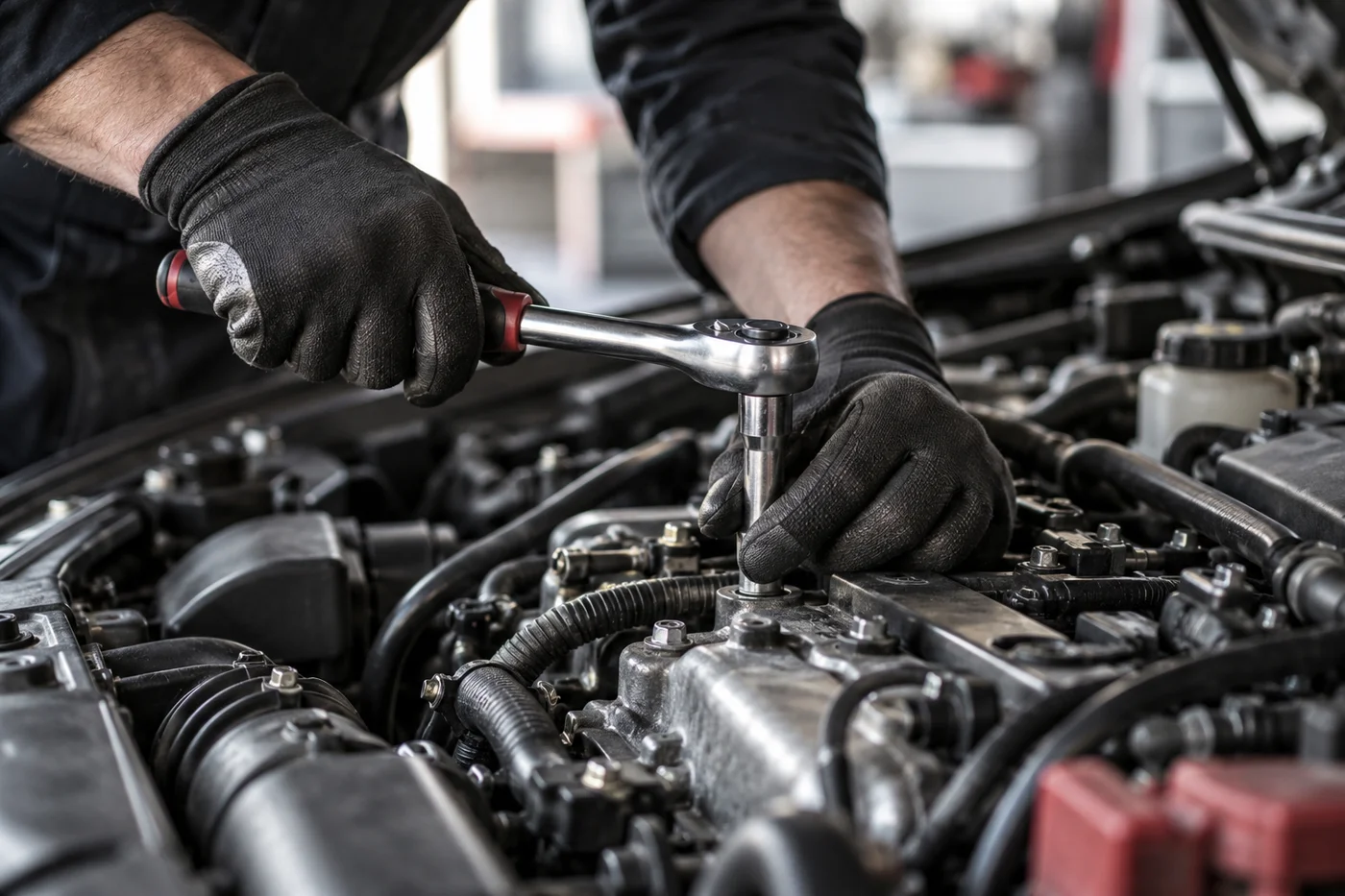 Illustrative close-up of gloved hands using a ratchet in a car engine bay